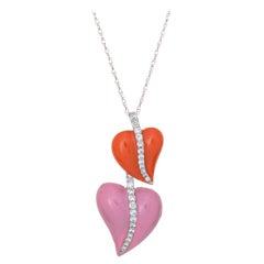 Double Heart Enamel Necklace Diamond Estate 18k White Gold Jewelry Pink