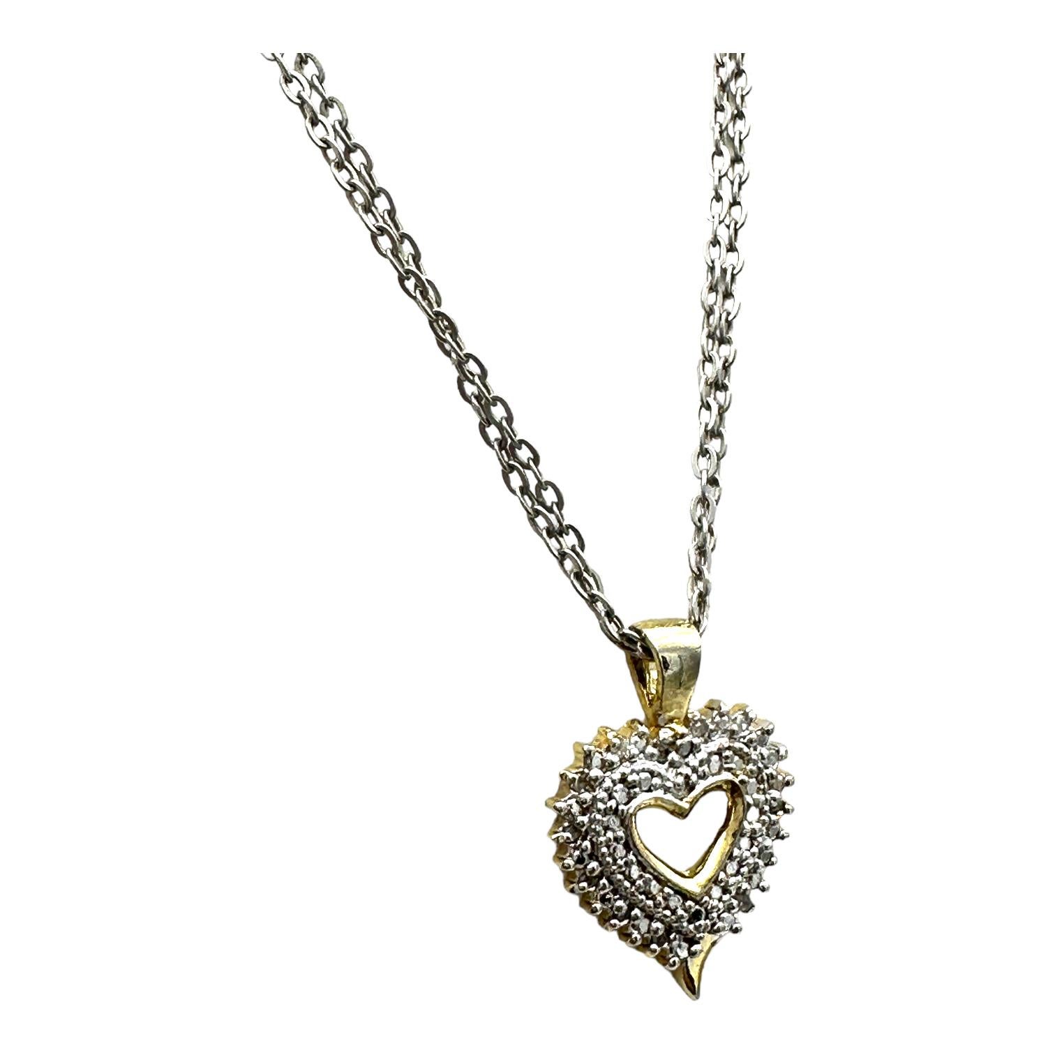Double Heart Halo .05 Carat Diamond Heart Pendant & Chain 925 Sterling Silver In Good Condition For Sale In Laguna Hills, CA