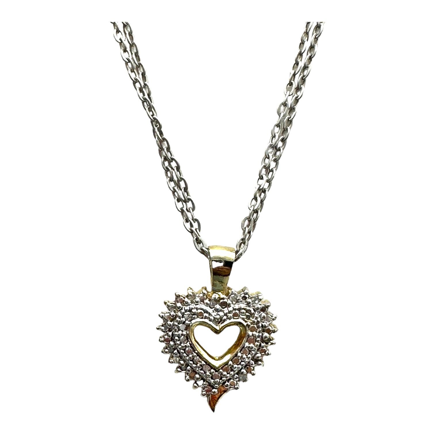 Women's or Men's Double Heart Halo .05 Carat Diamond Heart Pendant & Chain 925 Sterling Silver For Sale