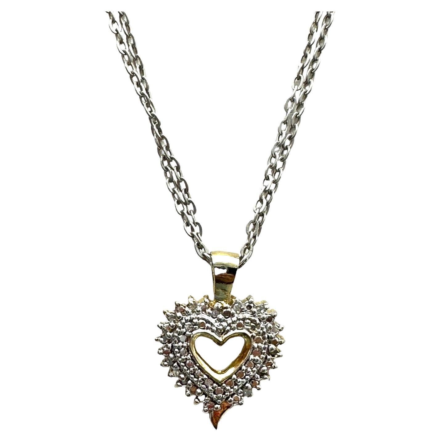 Double Heart Halo .05 Carat Diamond Heart Pendant & Chain 925 Sterling Silver For Sale