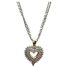 Double Heart Halo .05 Carat Diamond Heart Pendant & Chain 925 Sterling Silver