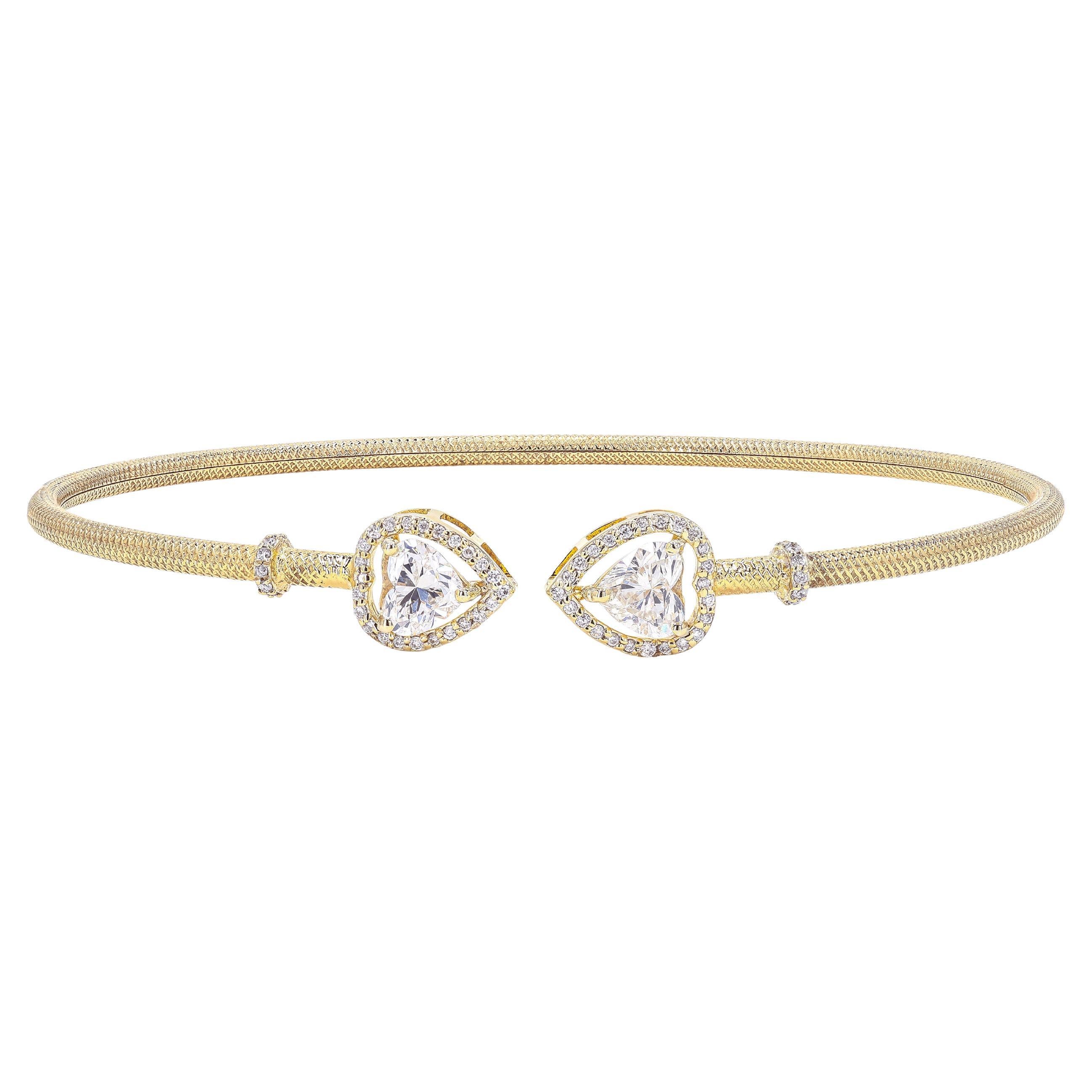 Double Heart Halo Natural Diamond Stack Bracelet in 14K Solid Gold (Certified)