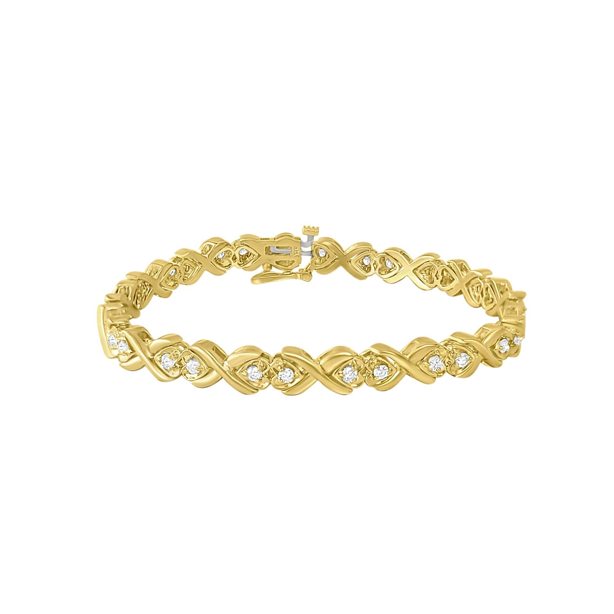 Taille ronde Bracelets tennis en or jaune 14 carats reliés par un double cœur de 1,25 carat poids total en vente