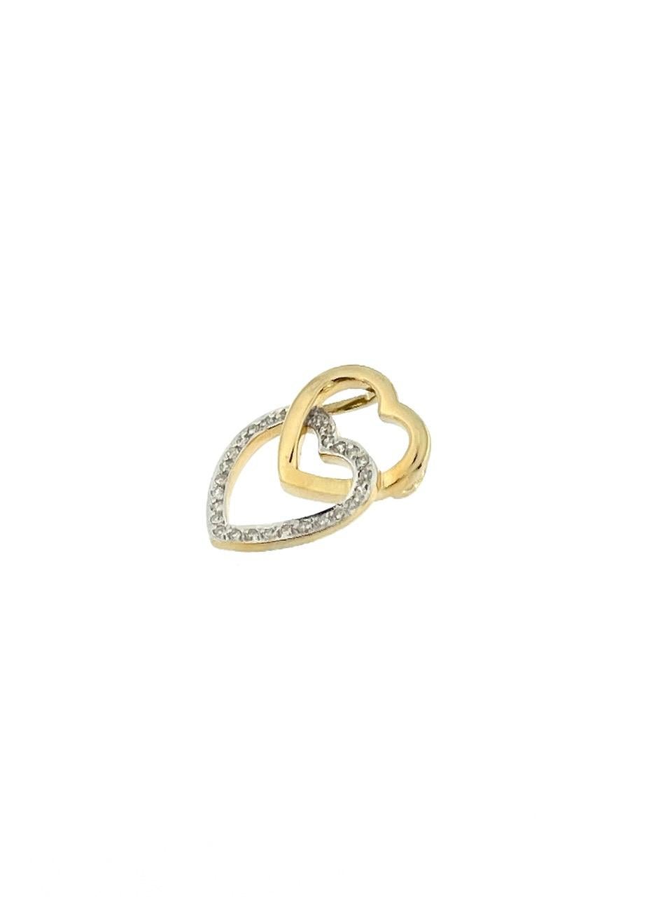 Brilliant Cut Double Heart Pendant with Chain Yellow and White Gold with Diamonds For Sale