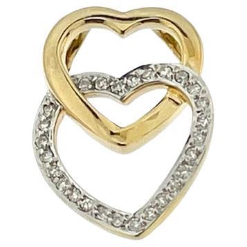 Double Heart Pendant with Chain Yellow and White Gold with Diamonds For Sale