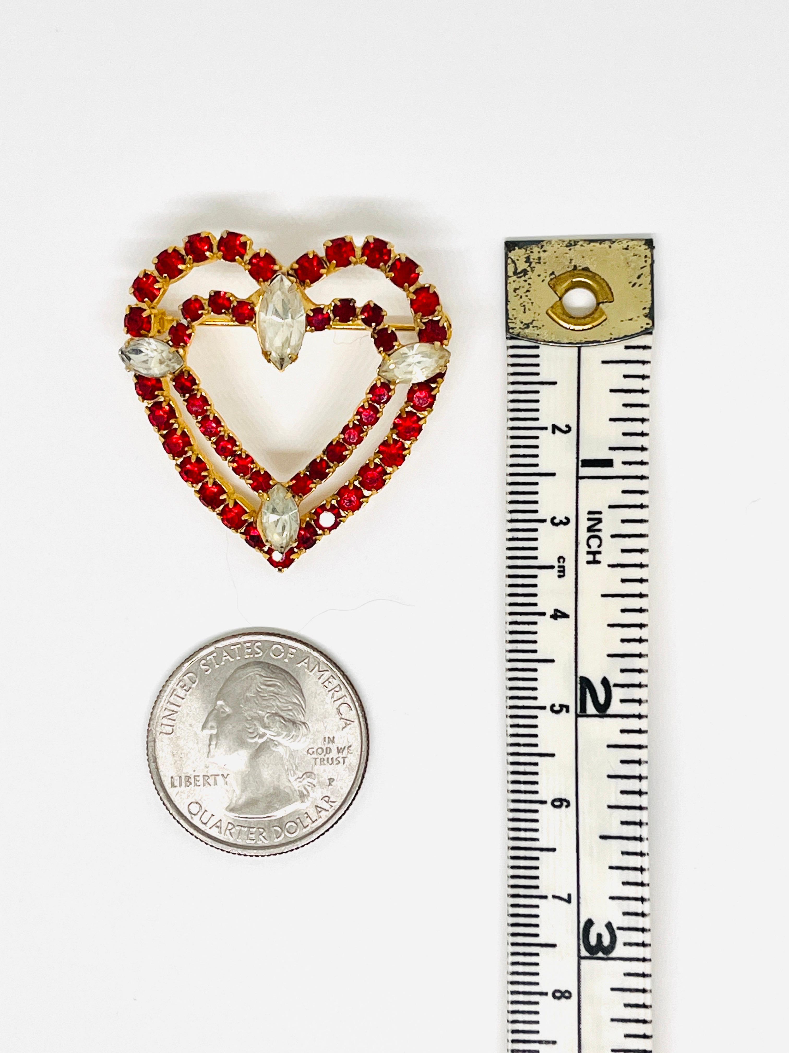Double Heart Red Rhinestone Brooch, Art Deco-Style For Sale 6