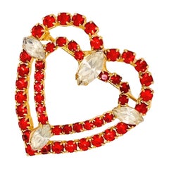 Double Heart Red Rhinestone Brooch, Art Deco-Style