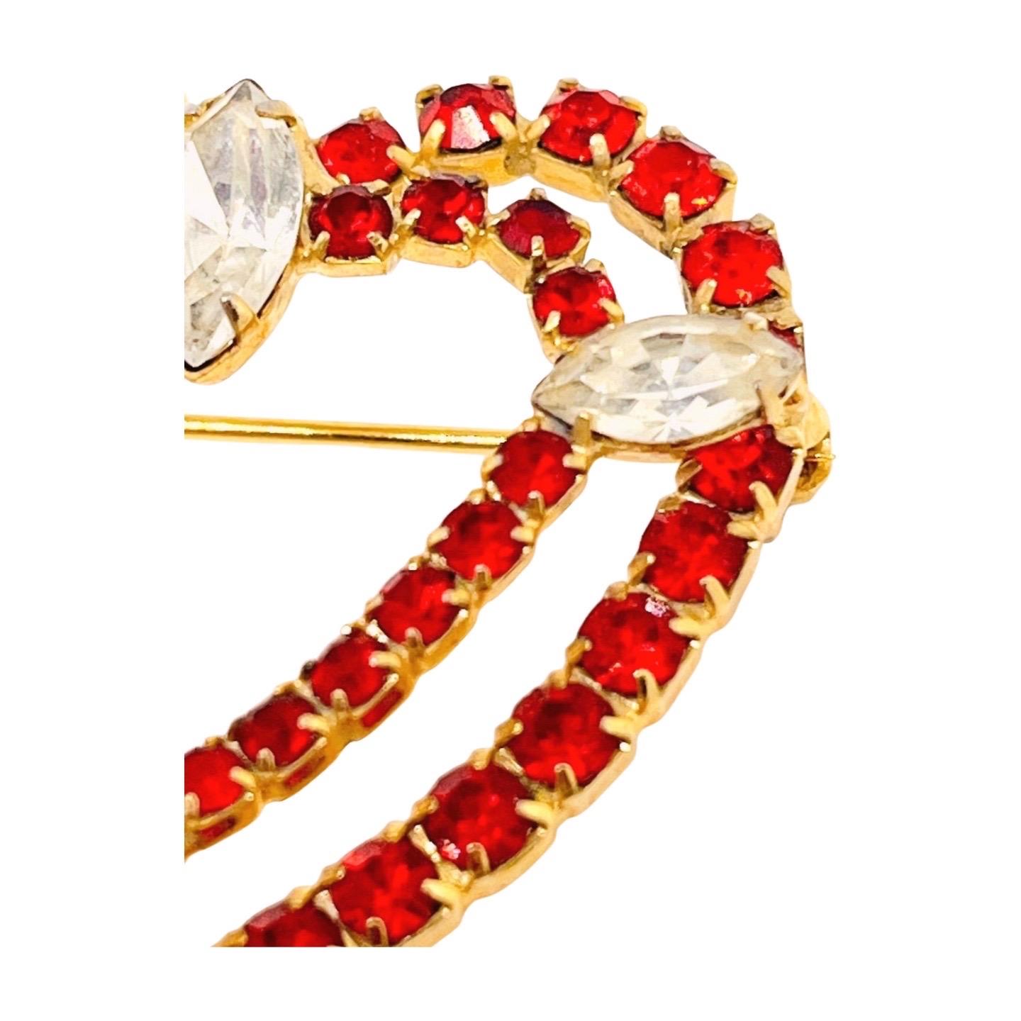 Double Heart Red Rhinestone Brooch, Art Deco-Style In Good Condition For Sale In Lynnwood, WA