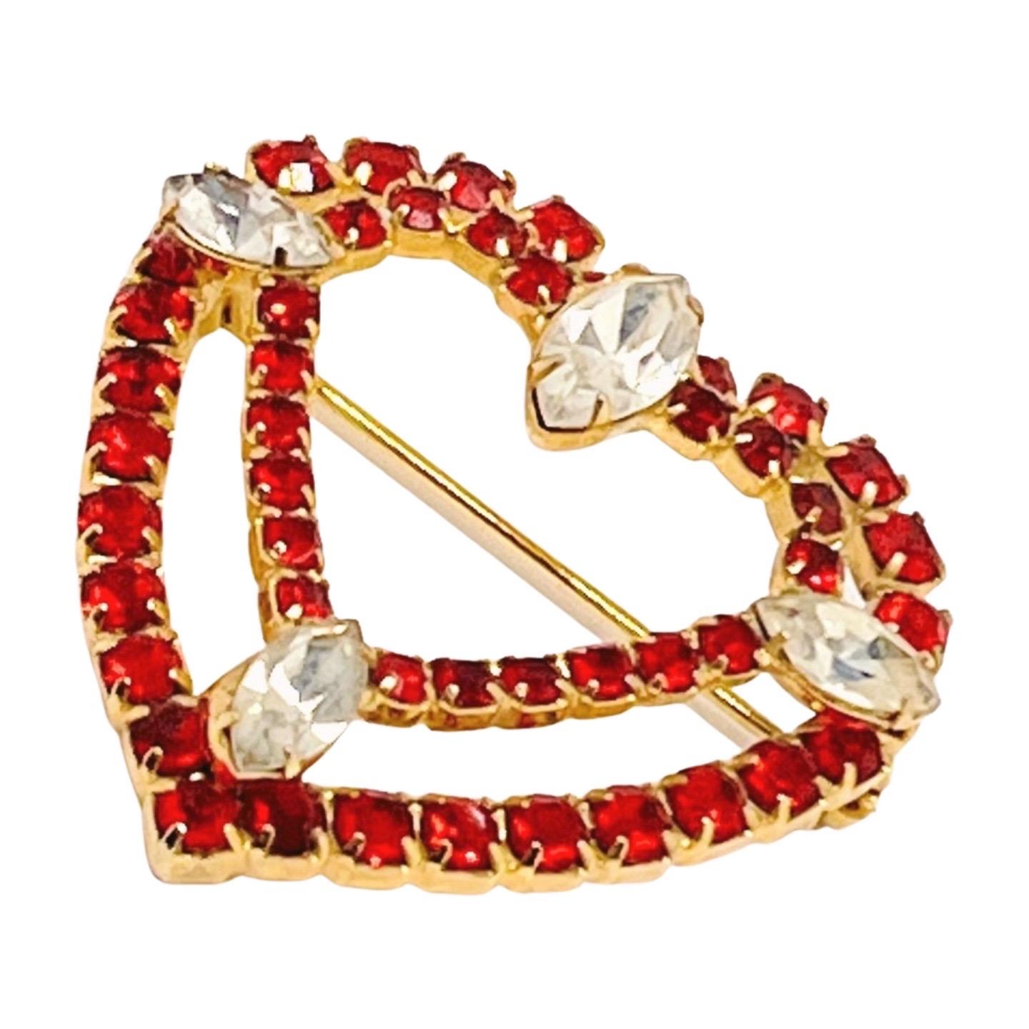 Women's Double Heart Red Rhinestone Brooch, Art Deco-Style For Sale