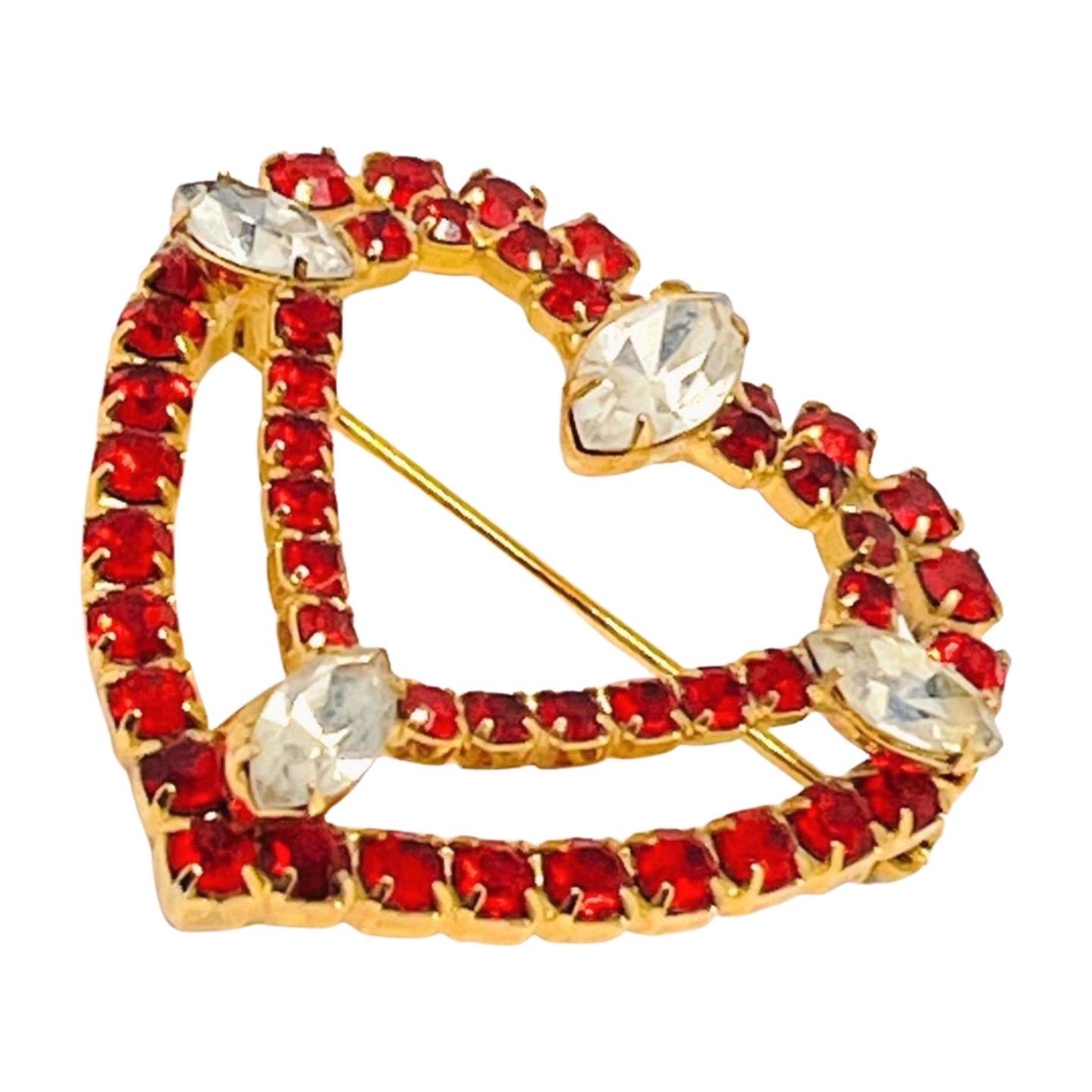 Double Heart Red Rhinestone Brooch, Art Deco-Style For Sale 1