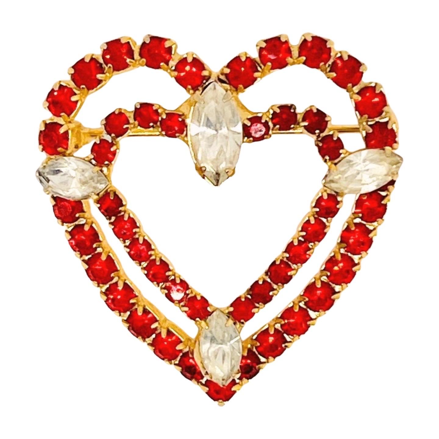 Double Heart Red Rhinestone Brooch, Art Deco-Style For Sale