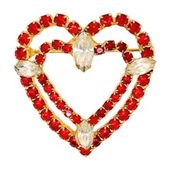 Double Heart Red Rhinestone Brooch, Art Deco-Style