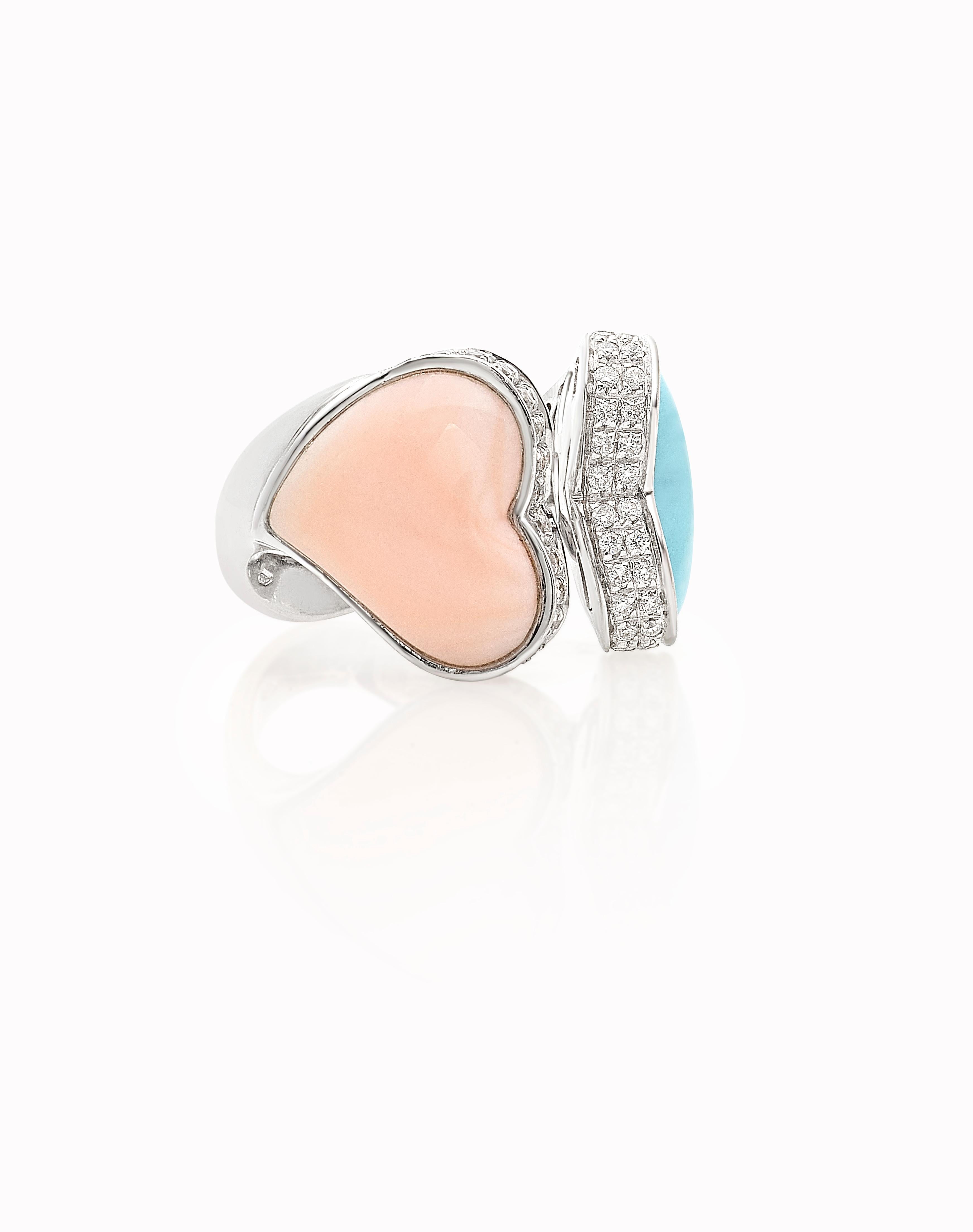 Contemporary Double Heart Ring in Coral, Turquoise, Diamonds in 18 White Gold For Sale