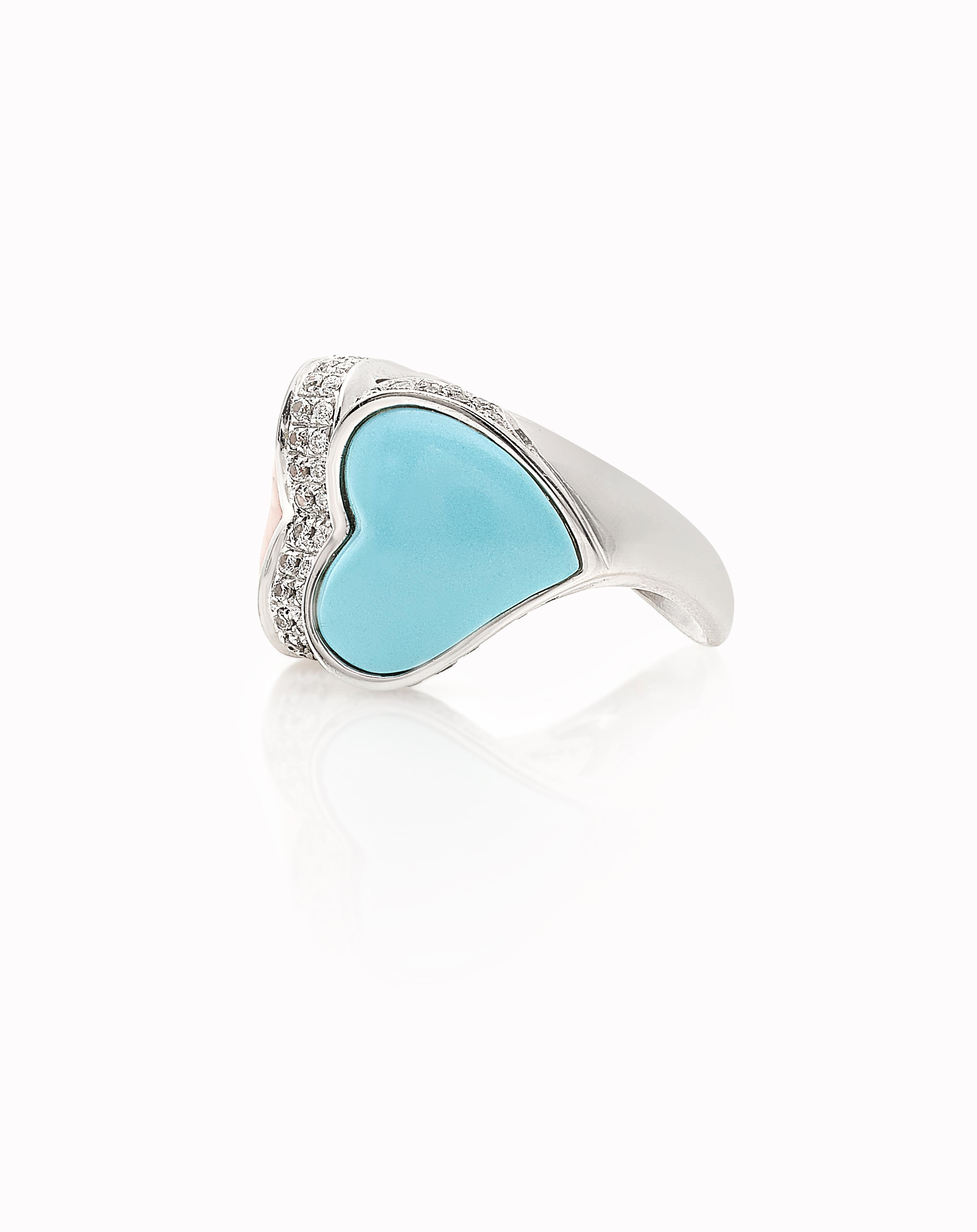 Double Heart Ring in Coral, Turquoise, Diamonds in 18 White Gold In New Condition For Sale In Ariano Irpino, IT