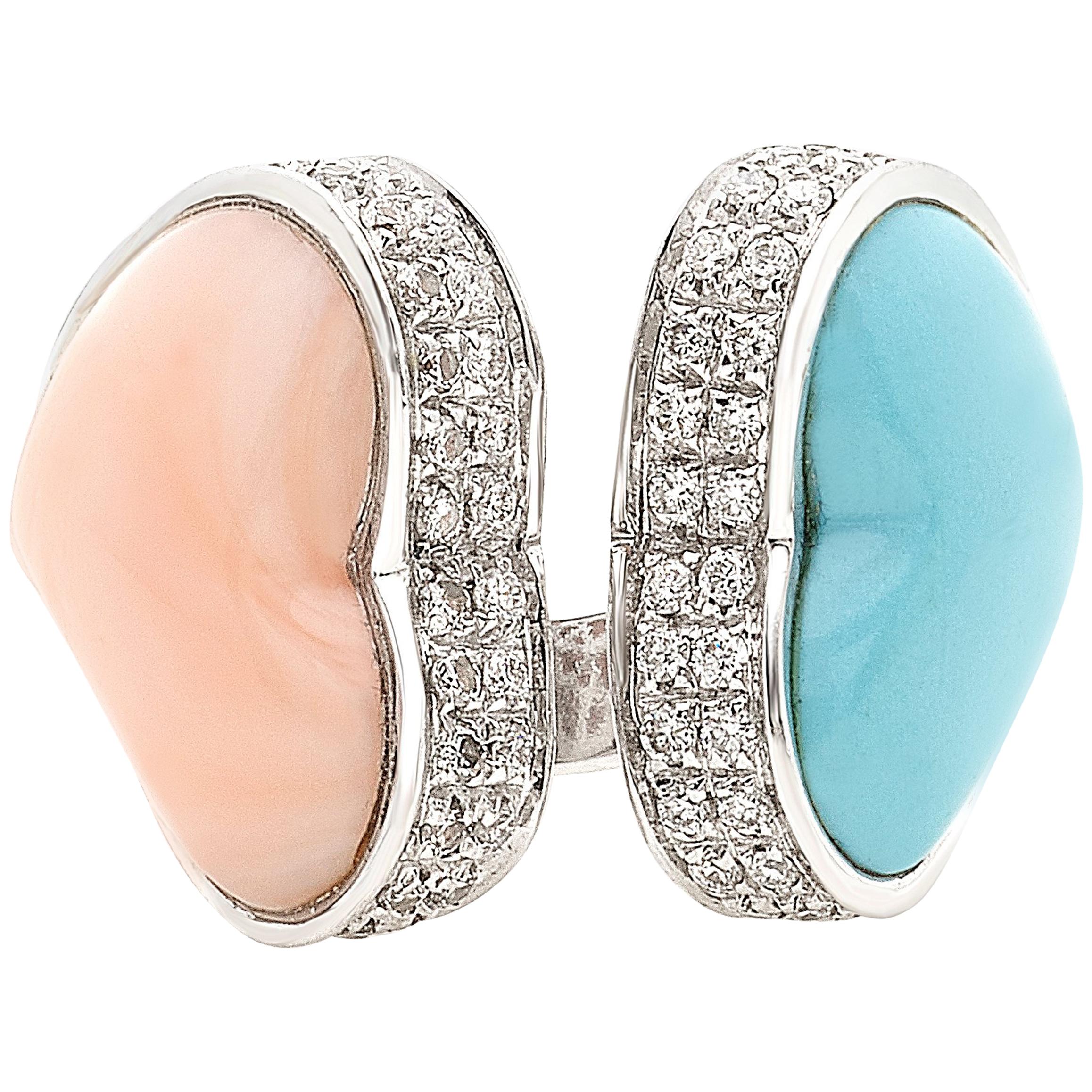 Double Heart Ring in Coral, Turquoise, Diamonds in 18 White Gold For Sale
