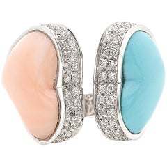 Double Heart Ring in Coral, Turquoise, Diamonds in 18 White Gold