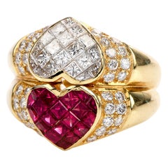 Double Heart Ruby Diamond 18 Karat Gold 1980s Cocktail Ring