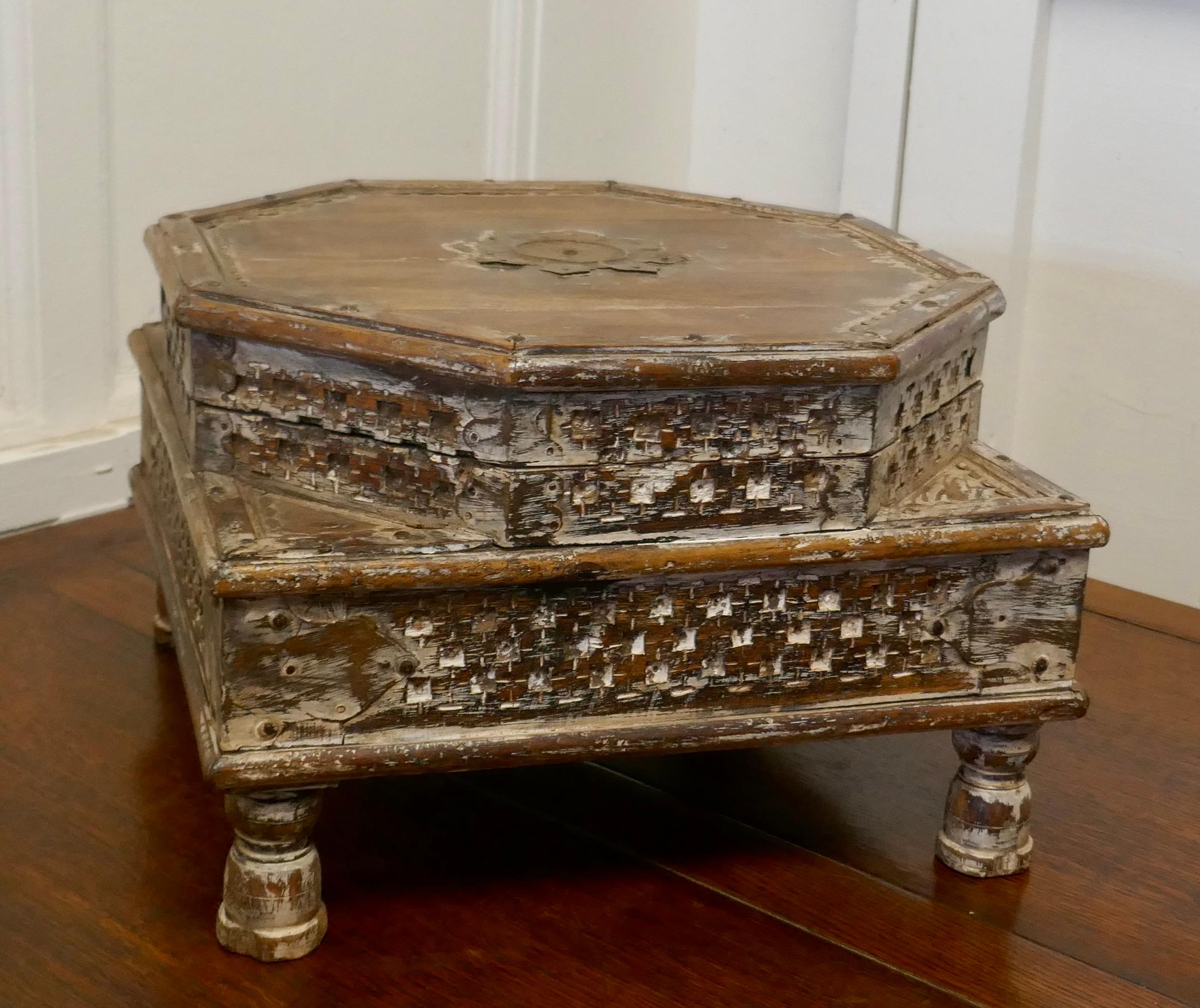 Double height carved Indian box

An unusual piece with 2 levels, the top of the box in the octagonal shape has an opening lid. The lower is rectangular and it stands on small feet
The box is carved and decorated with brass inlay and has