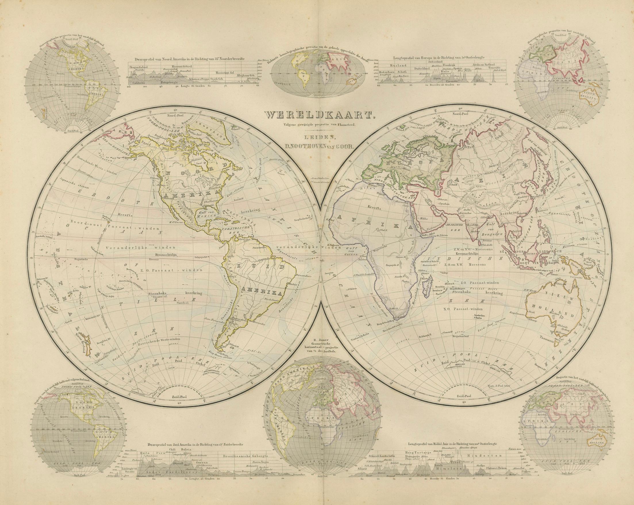 Titre : Carte du monde du double hémisphère tirée du Nieuwe Hand-Atlas, Leiden 1876

Description :
Cette carte du monde à double hémisphère du XIXe siècle, intitulée 