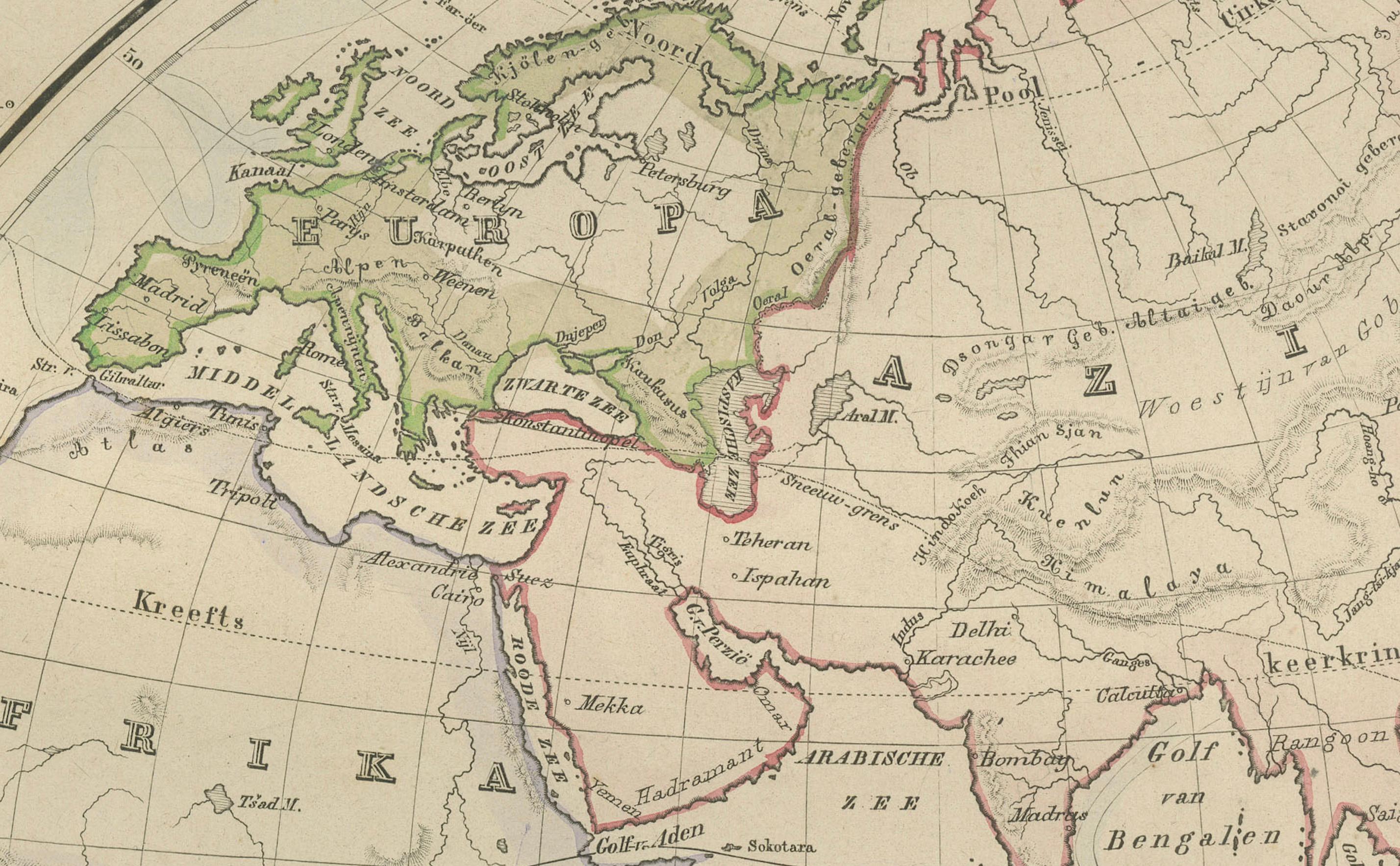 Carte du monde du double hémisphère tirée du Nieuwe Hand-Atlas, Leiden 1876 Bon état - En vente à Langweer, NL