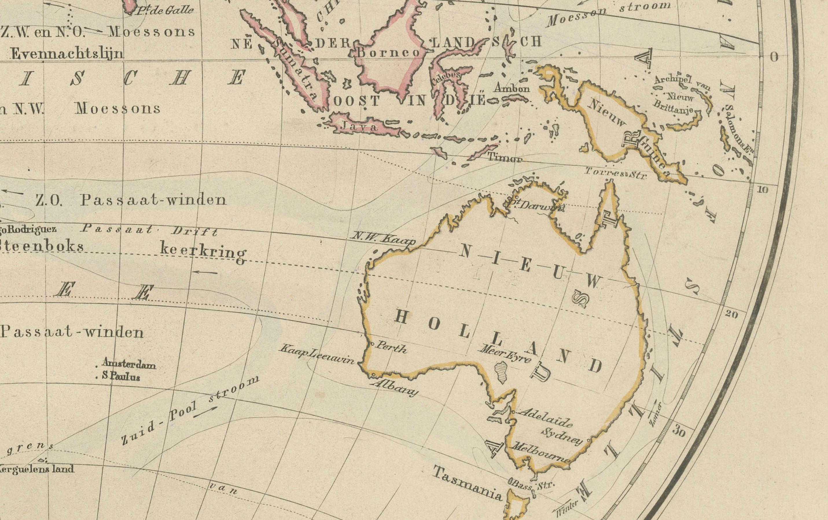 Fin du XIXe siècle Carte du monde du double hémisphère tirée du Nieuwe Hand-Atlas, Leiden 1876 en vente