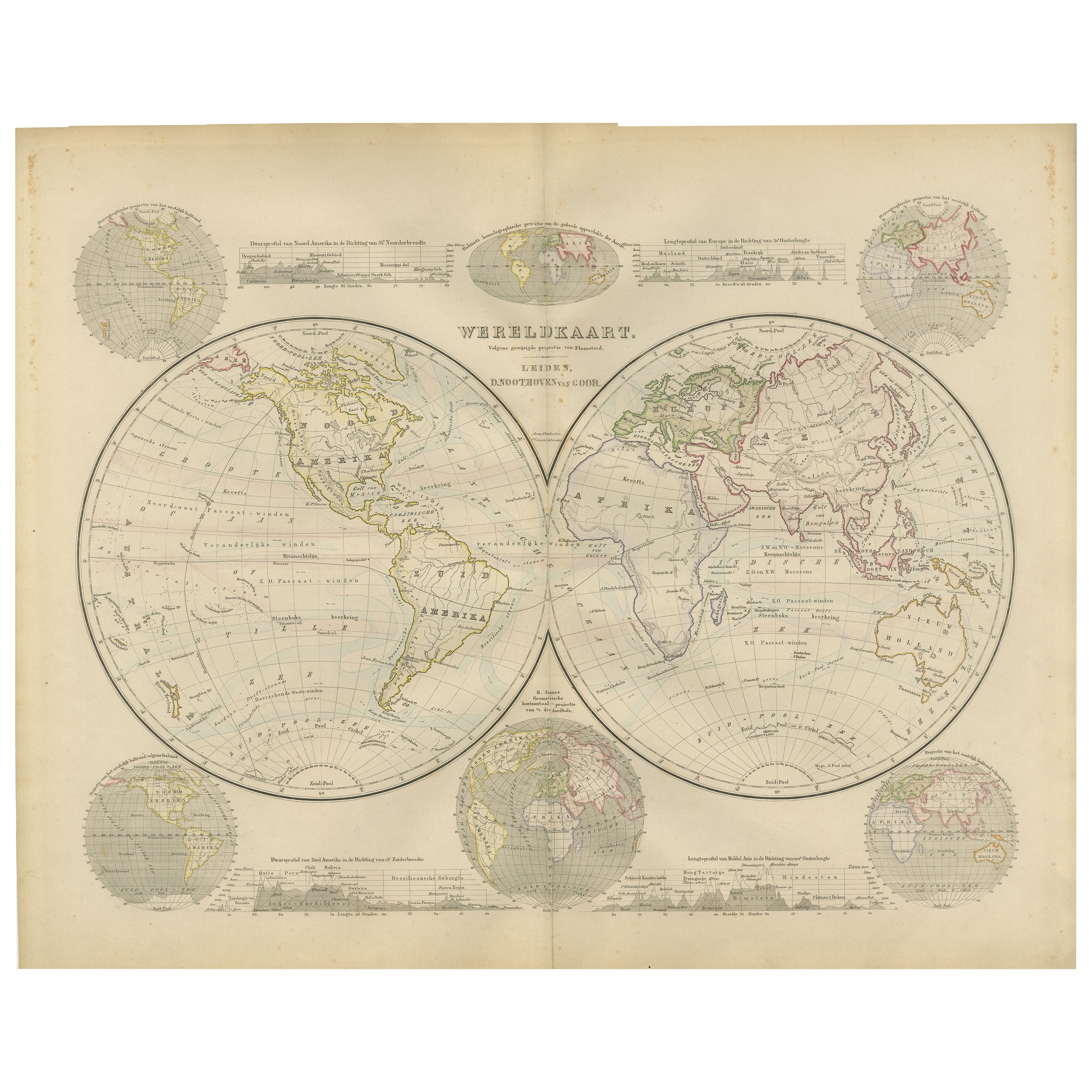 Carte du monde du double hémisphère tirée du Nieuwe Hand-Atlas, Leiden 1876 en vente