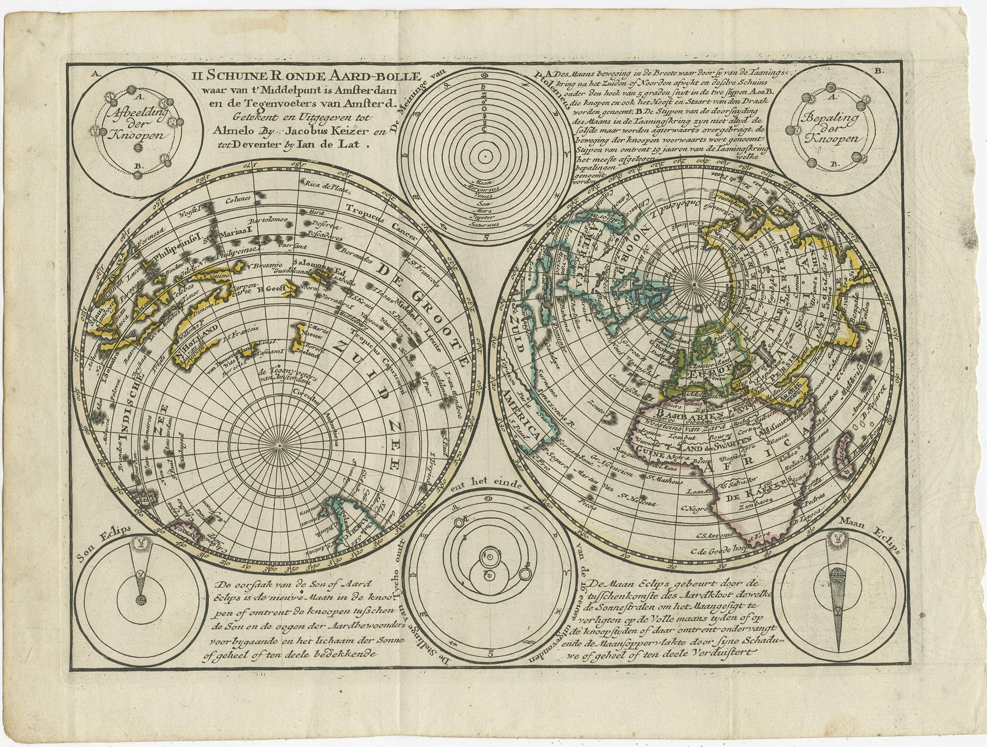 Antique map titled 'Schuine Ronde Aard-Bolle waar van 't Middelpunt is Amsterdam (..)'. 

Interesting double hemisphere world map on polar projections. In North America, there is a large Island of California. Australia and New Zealand are shown