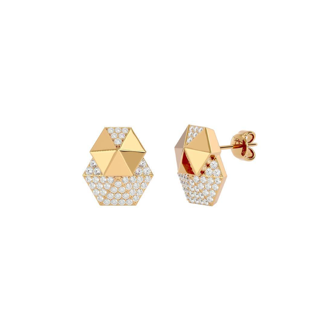 Your attention is going to be drawn to this one-of-a-kind double honeycomb design that features glittering diamonds and shiny gold. A magnificent round white diamond weighing 0.50 carats is set in these earrings. The honeycomb pattern served as the