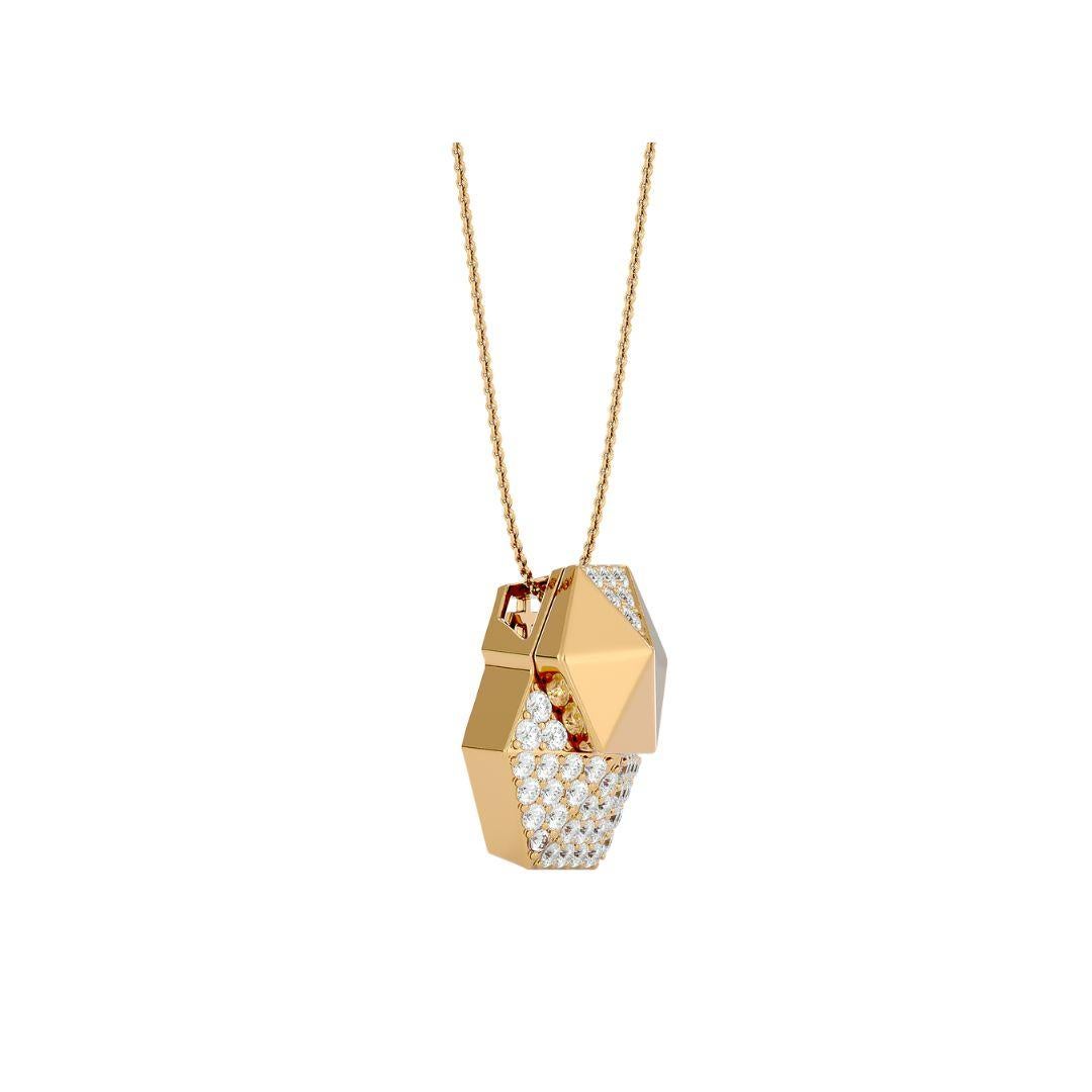 The double honeycomb diamond pendant is a dazzling, attention-grabbing piece. This pendant features glittering white diamonds weighs 0.27 carats and shiny gold. The honeycomb pattern served as the inspiration for this pendant. When everything is put
