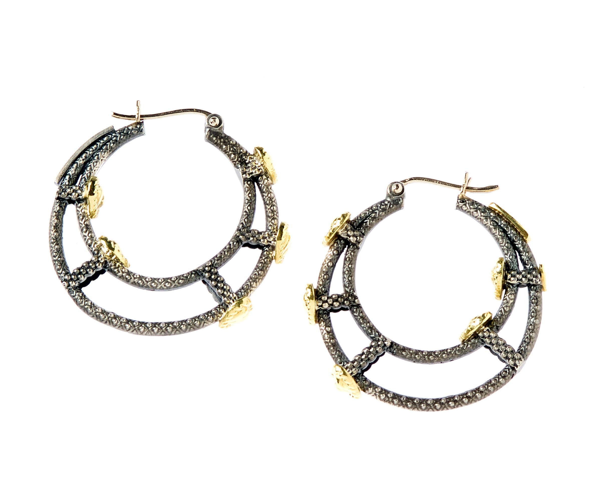IF YOU ARE REALLY INTERESTED, CONTACT US WITH ANY REASONABLE OFFER. WE WILL TRY OUR BEST TO MAKE YOU HAPPY!

Aged Silver & 18K Gold Inside-out Hoop Earrings with Hearts by Stambolian

These are the 