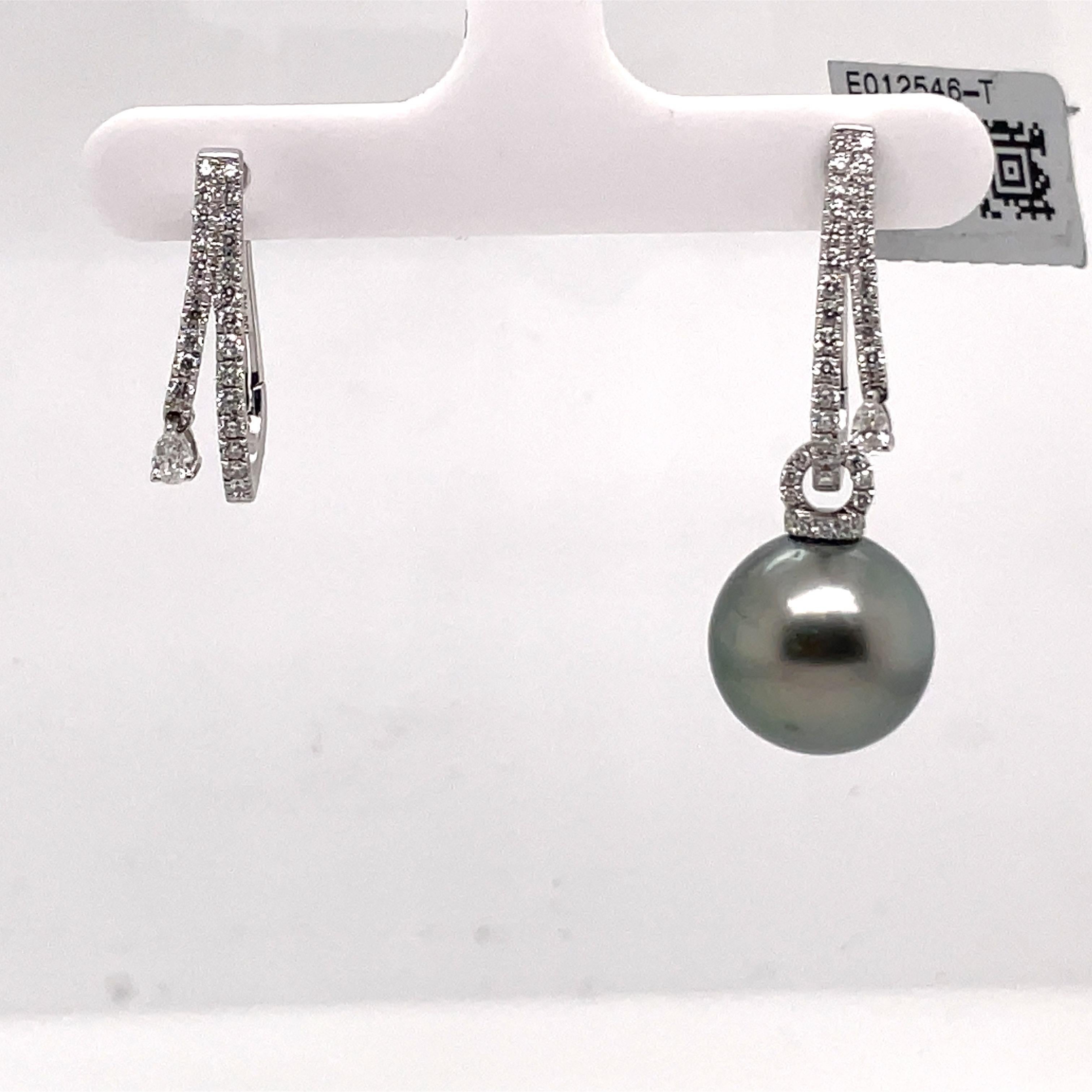 Women's or Men's Double Hoop Illusion with Hanging Pear Shape Diamond and Pearl Earring For Sale