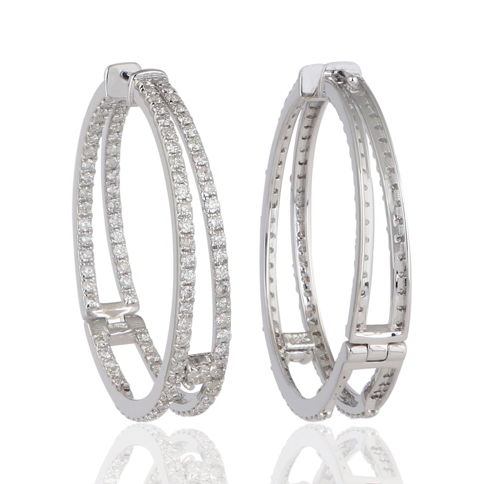 Modern Double Hoop Inside Out Diamond 18 Karat Gold Earrings For Sale