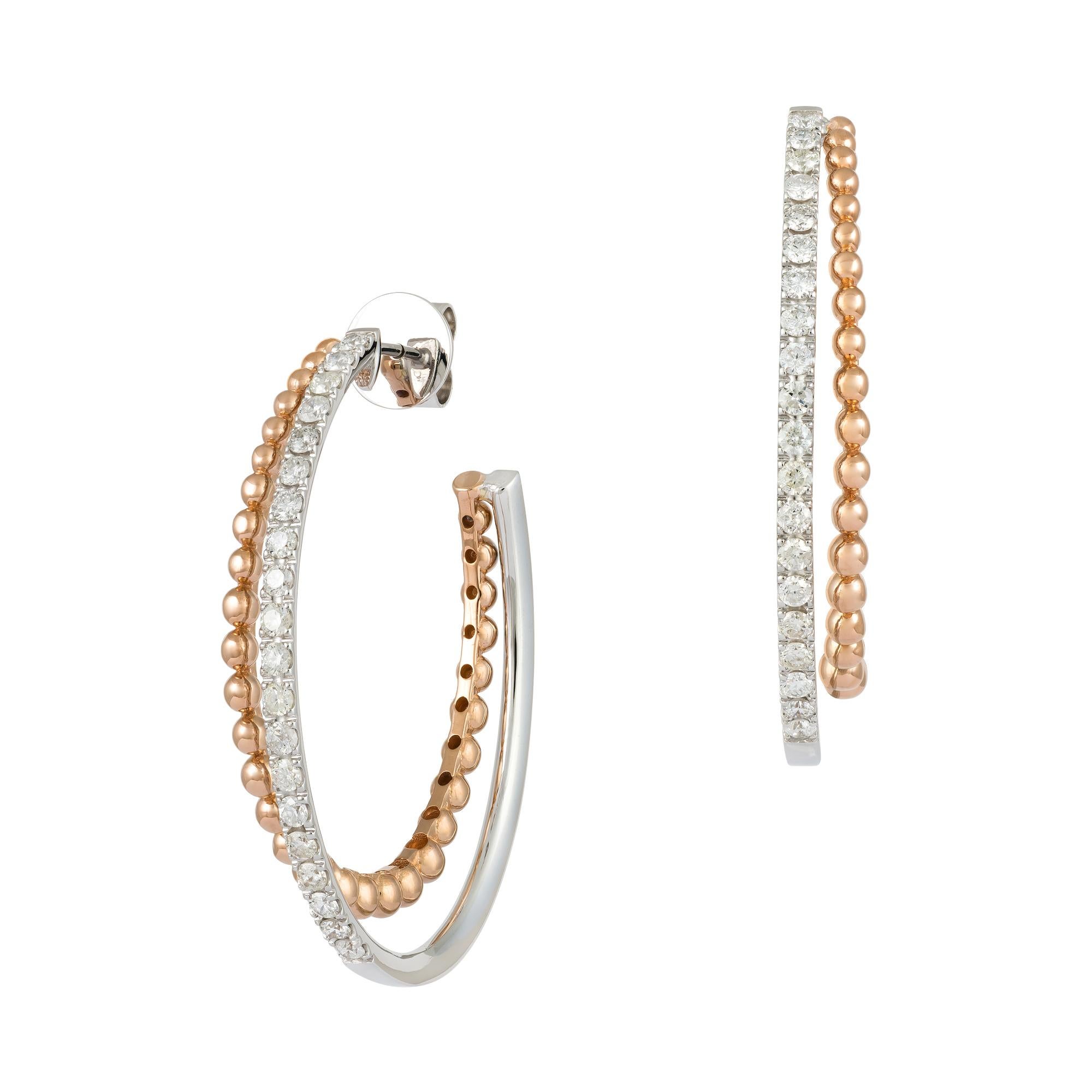Modern Double Hoop White Pink Gold 18K Earrings Diamond for Her For Sale