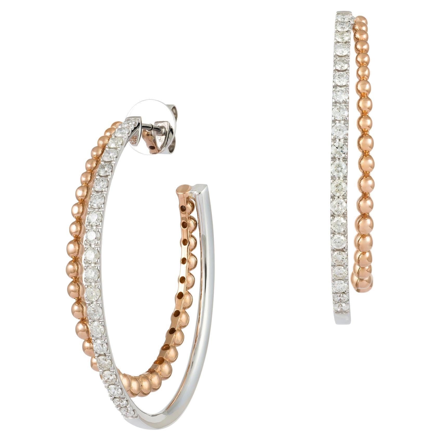 Double Hoop White Pink Gold 18K Earrings Diamond for Her For Sale