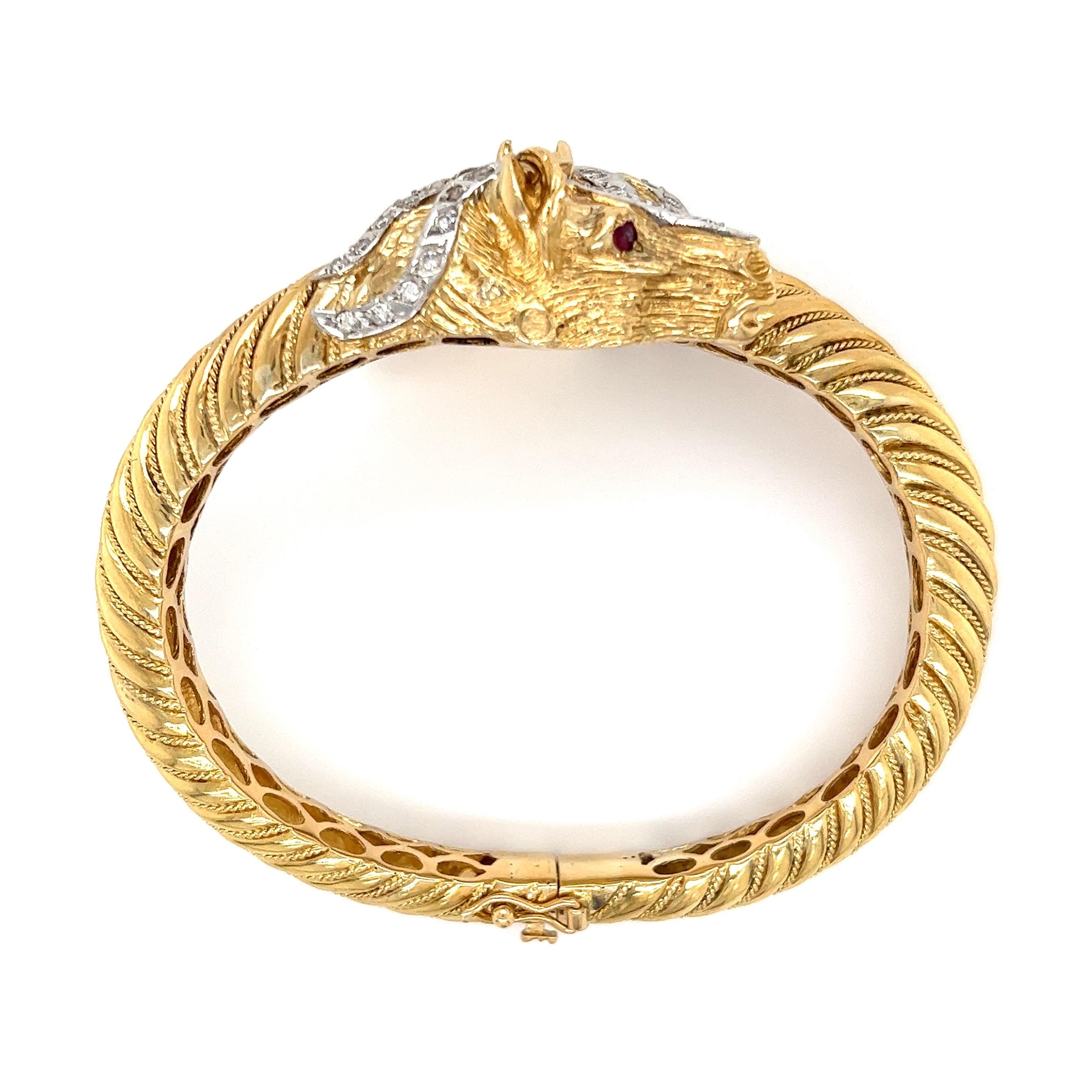 Brilliant Cut Double Horse Head Diamond Ruby Bypass Gold Bangle Bracelet Estate Fine Jewelry