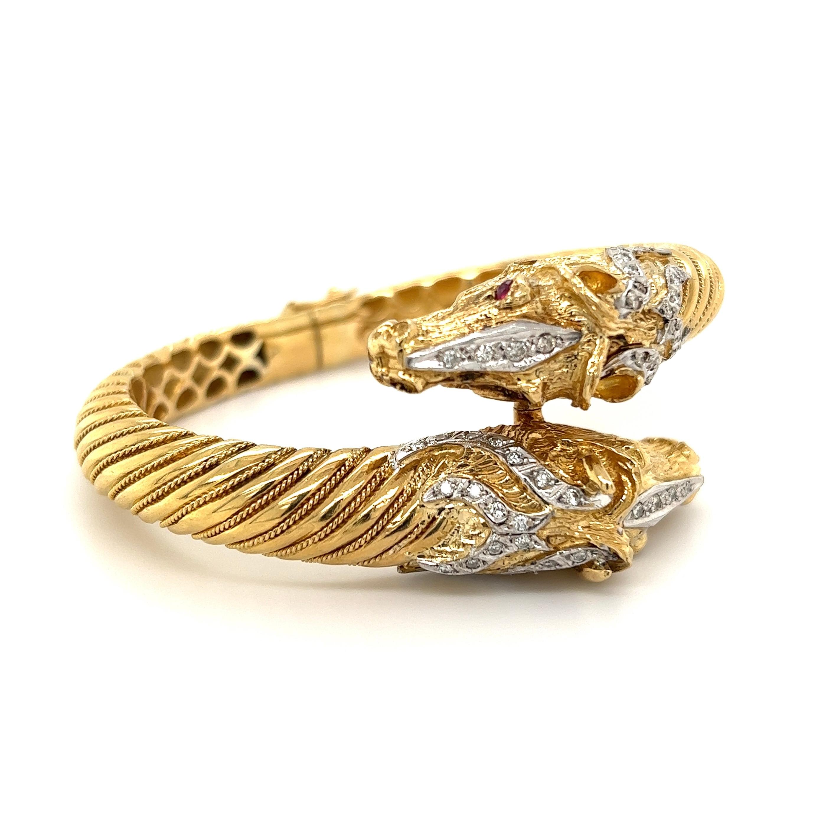 Double Horse Head Diamond Ruby Bypass Gold Bangle Bracelet Estate Fine Jewelry 2