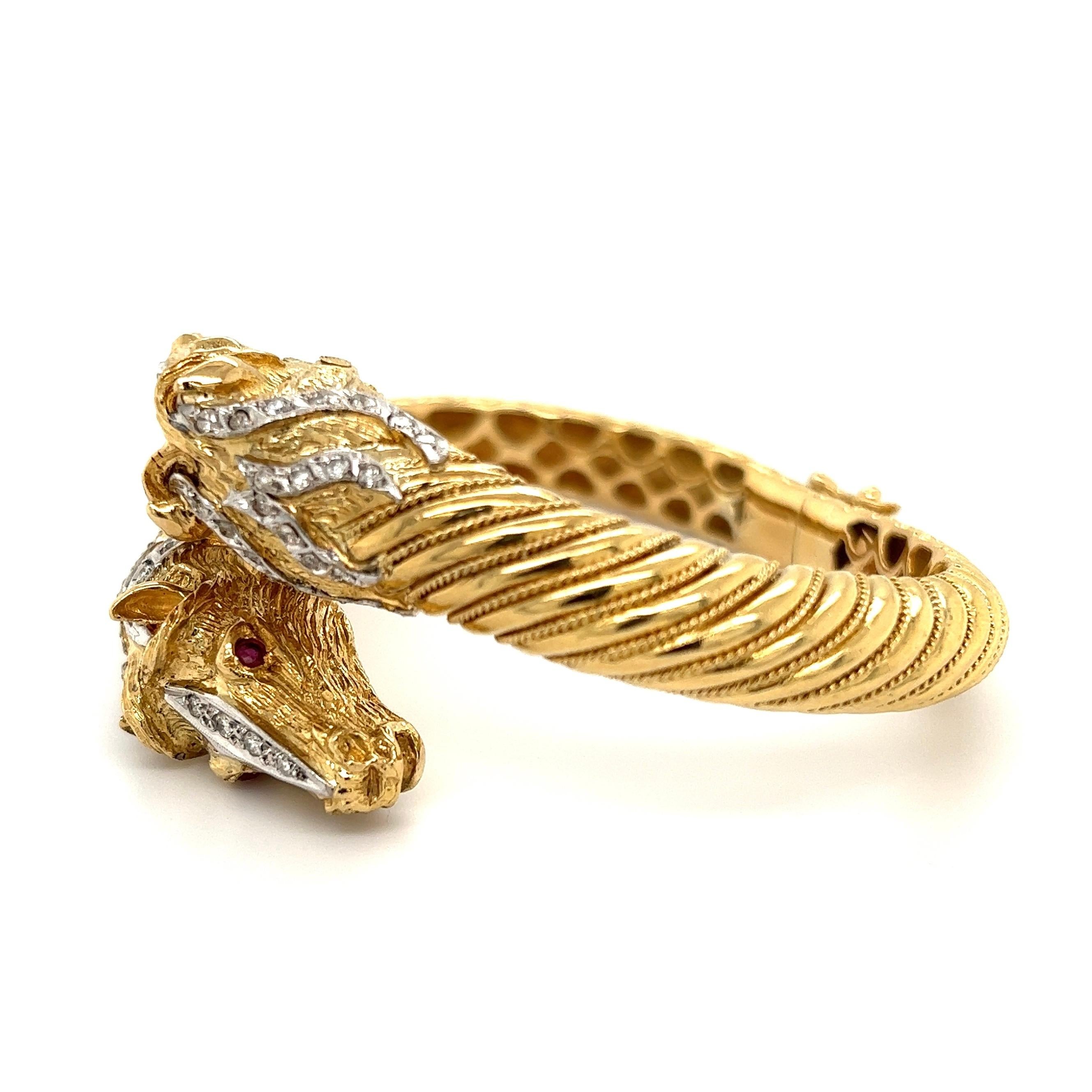 Double Horse Head Diamond Ruby Bypass Gold Bangle Bracelet Estate Fine Jewelry 3