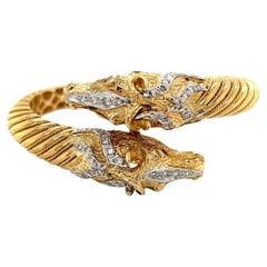 Double Horse Head Diamond Ruby Bypass Gold Bangle Bracelet Estate Fine Jewelry