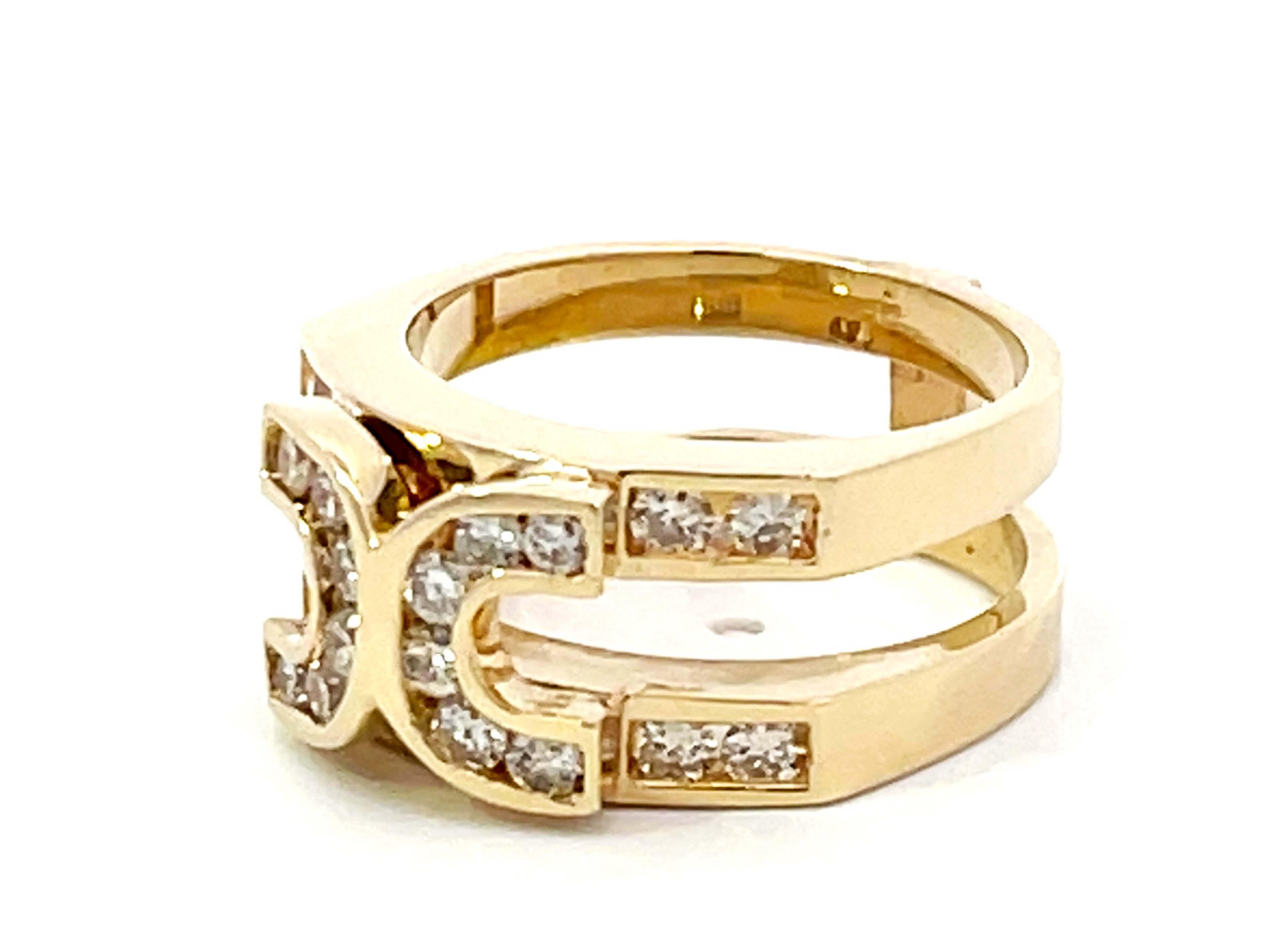 Modern Double Horseshoe Diamond Band Ring in 14K Yellow Gold For Sale