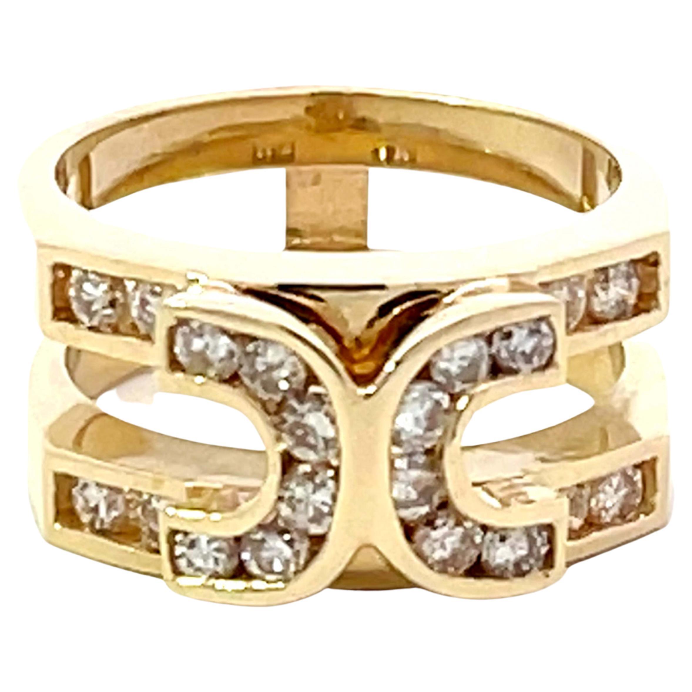 Double Horseshoe Diamond Band Ring in 14K Yellow Gold For Sale