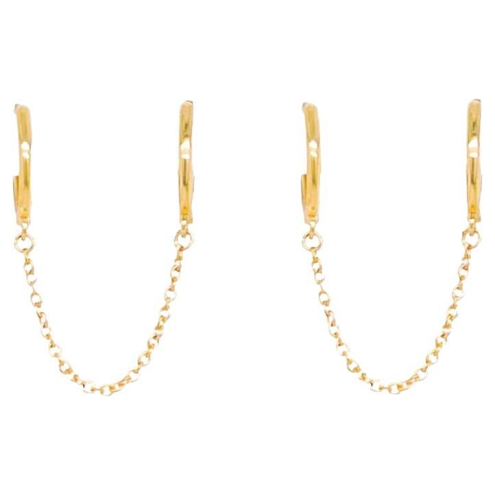 Double Huggie Hoop Earrings, Yellow Gold Double Huggies With Chain For Sale
