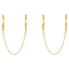 Double Huggie Hoop Earrings, Yellow Gold Double Huggies With Chain