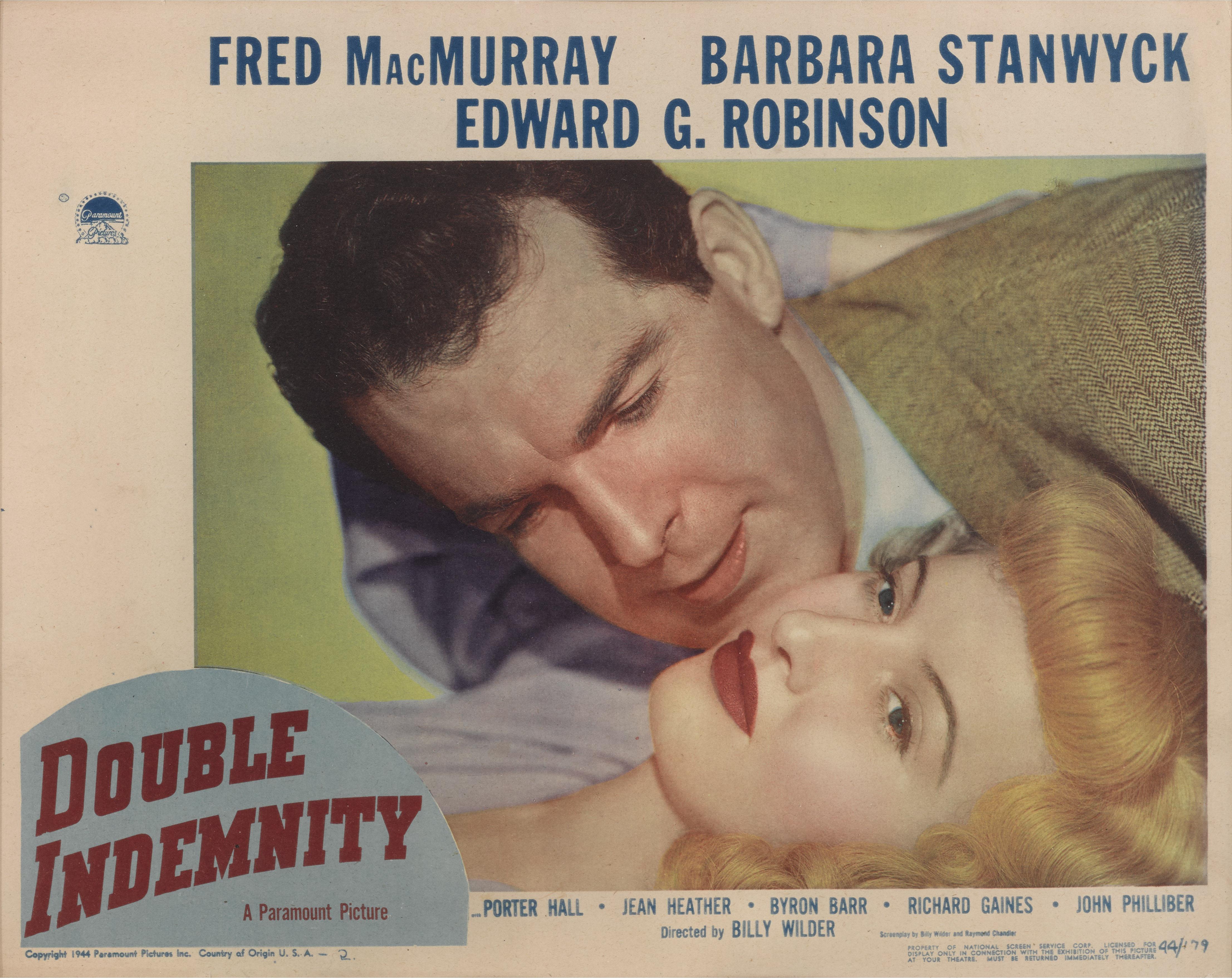 Original US lobby card for the 1944 Film Noir double Indemnity.
This film starred Fred MacMurray and Barbara Stanwyck.
The film was directed by Billy Wilder.
This lobby card is conservation framed with UV plexiglass in an Obeche wood frame with