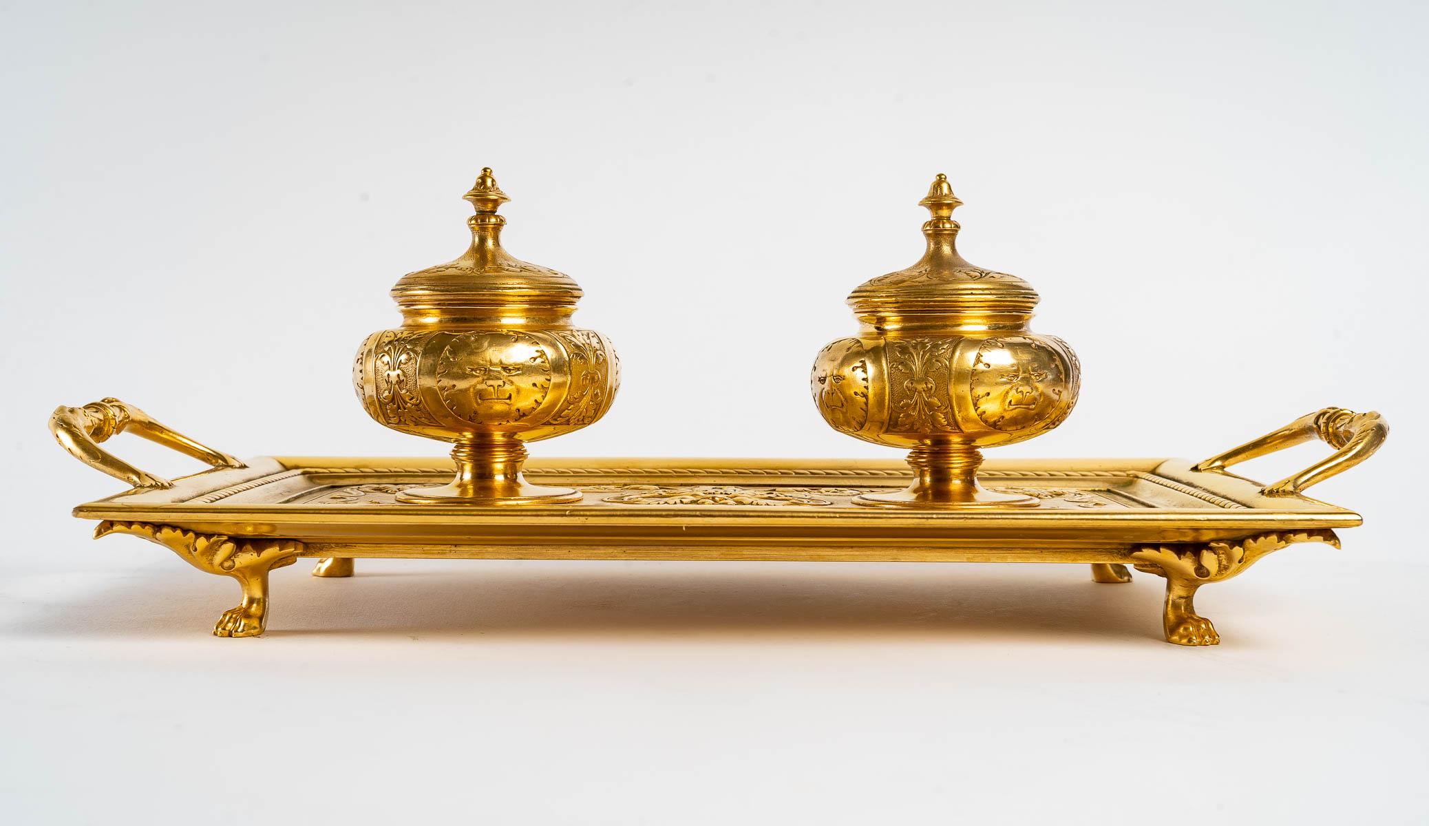 Napoléon III Encrier à double encrier du XIXe siècle en bronze doré en vente
