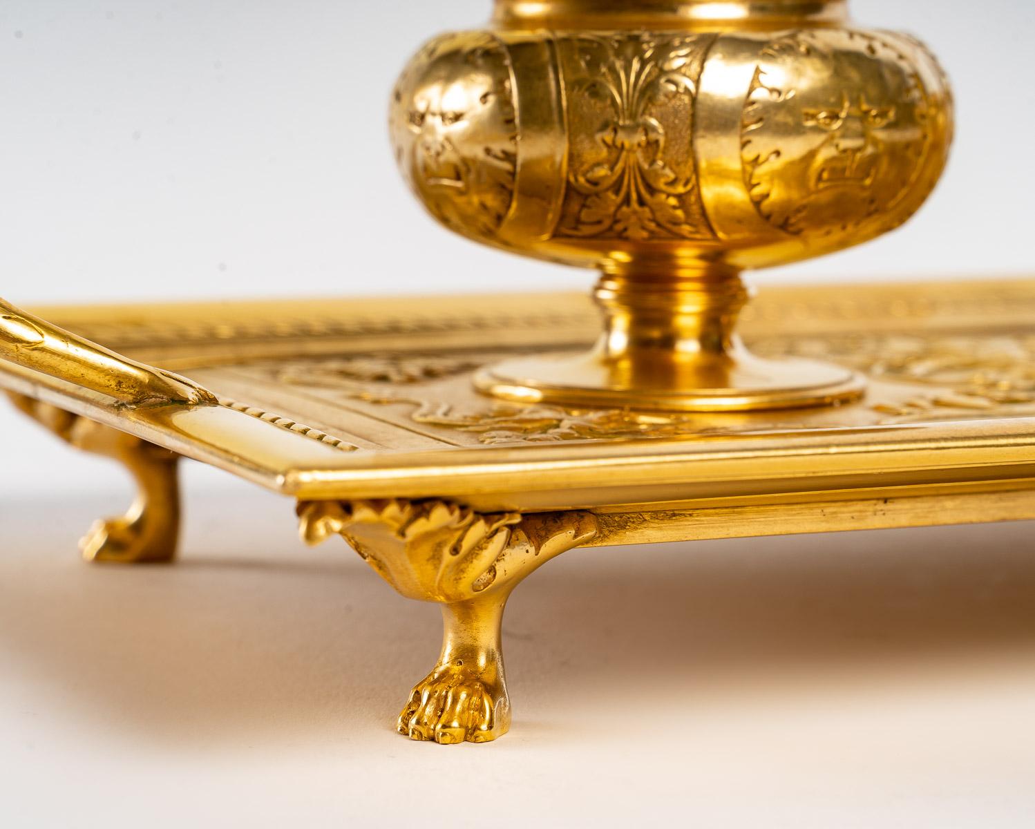 French Double Inkwell of the XIXth Century in Gilded Bronze For Sale
