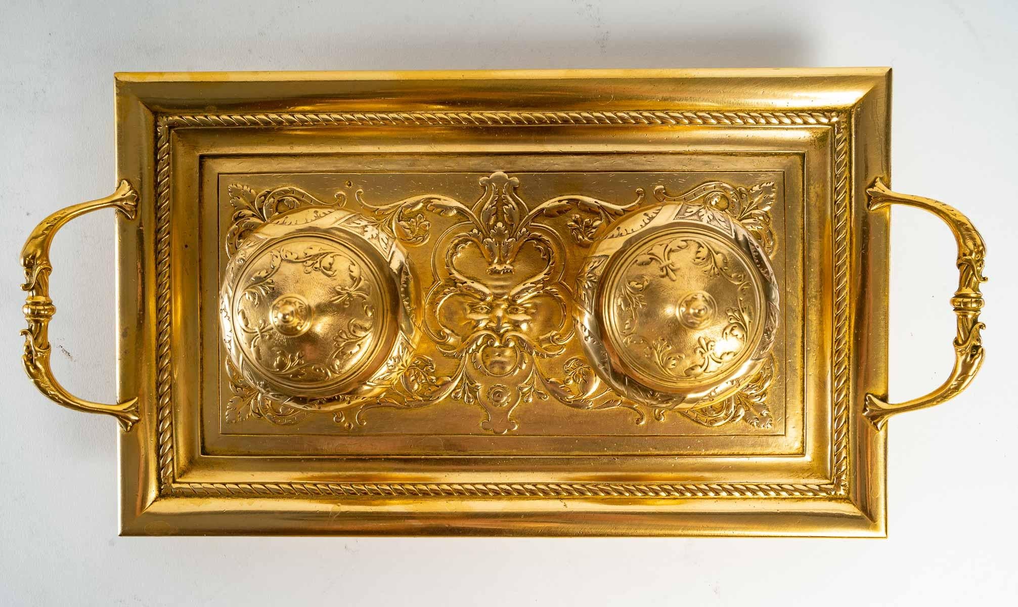 Encrier à double encrier du XIXe siècle en bronze doré en vente 2