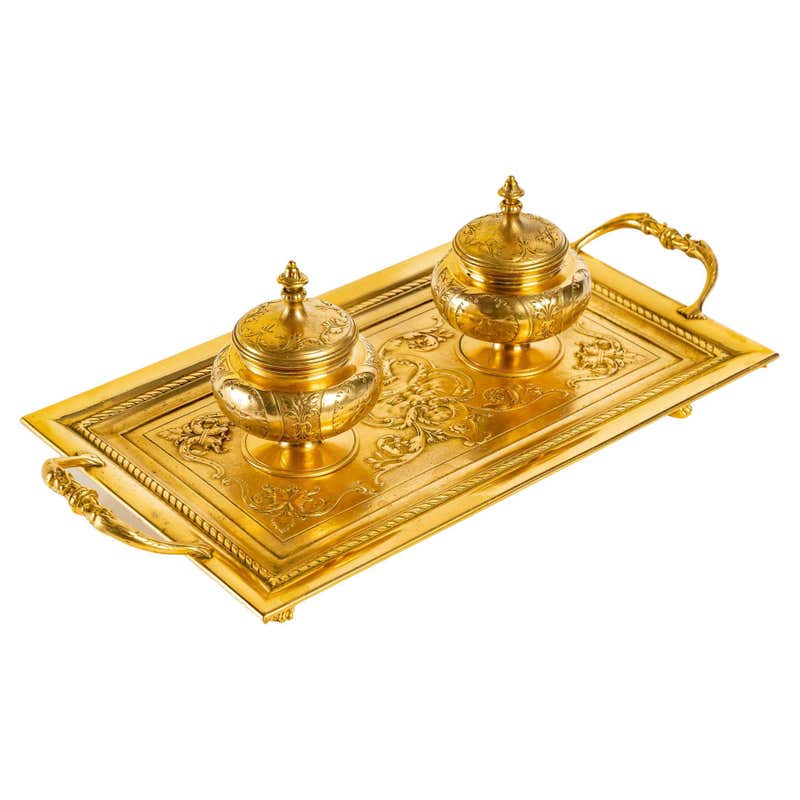 Exceptional and Rare Inkwell, Gilded Bronze, Porcelain Plates, France ...
