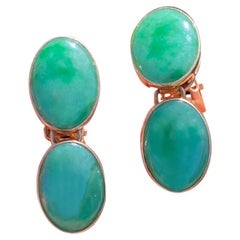 Double Jadeite Oval Shaped Hanging Earring Drops Set in 14 Karat Yellow Gold