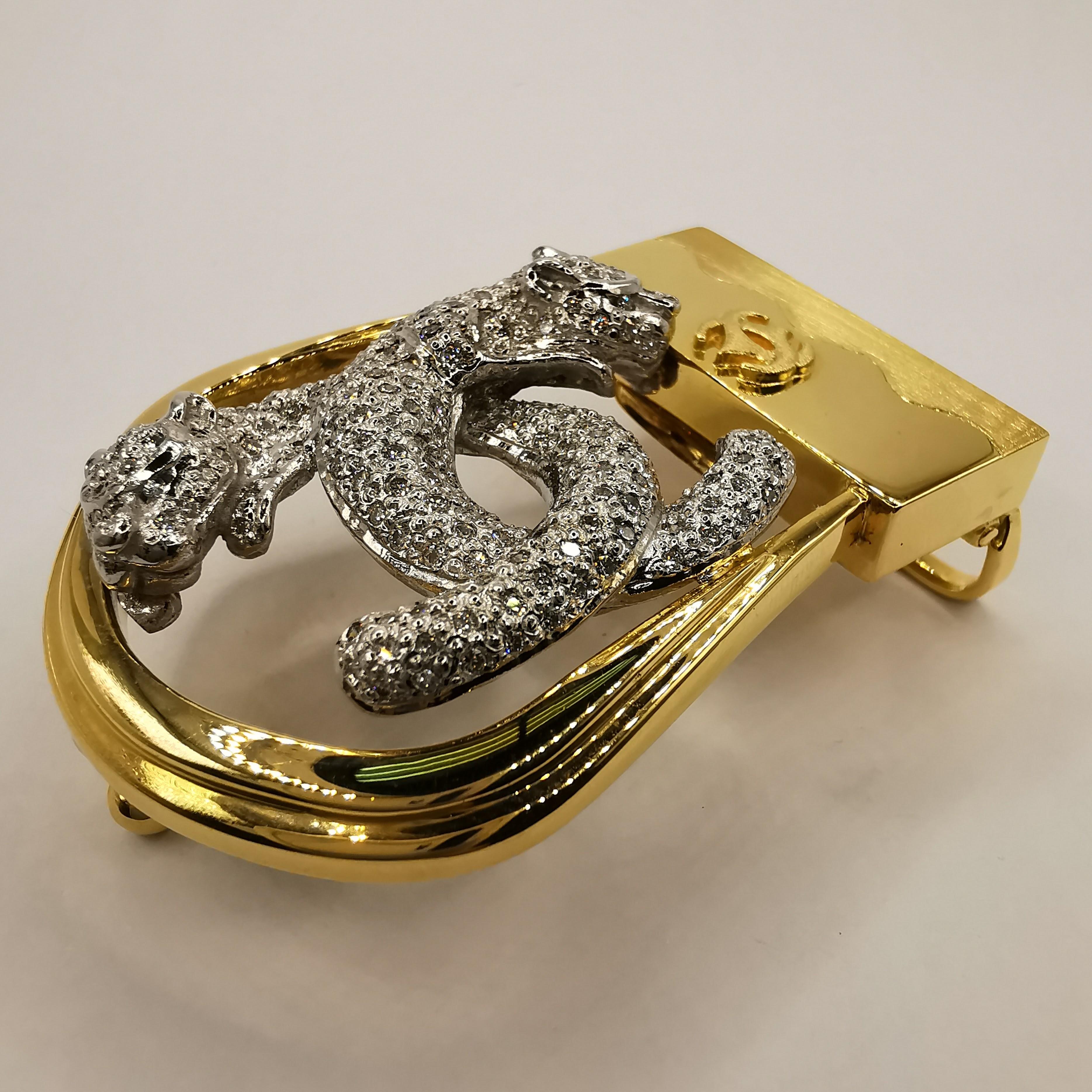 Double Jaguar 1,74 Karat Diamant-Gürtelschnalle aus 18k Gelb- und Weißgold (Rundschliff) im Angebot