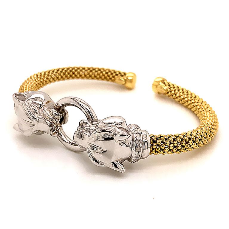 Doppelter Jaguarkopf, zweifarbiges, flexibles Armband aus 14k Weiß- und Gelbgold für Damen oder Herren im Angebot